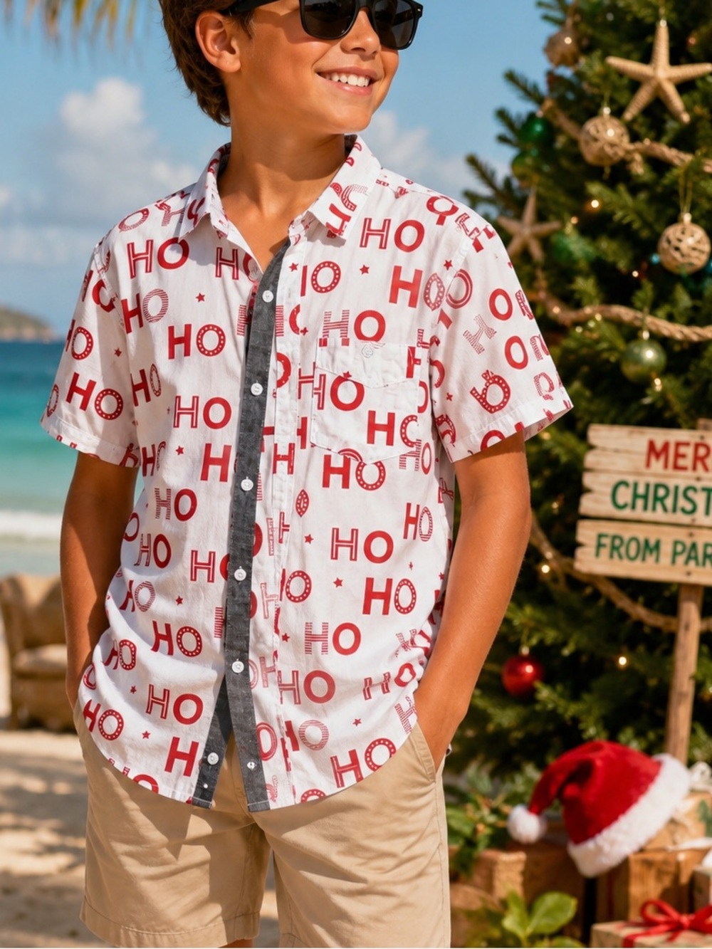 Free Planet Boys Christmas HO HO HO Button Front Shirt Size Small Holiday Shirt